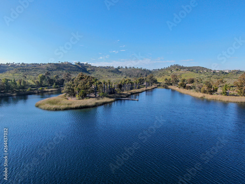 Aerial view of Miramar reservoir in the Scripps Miramar Ranch community, San Diego, California. Miramar lake, popular activities recreation site including boating, fishing, picnic & 5-mile-long trail.