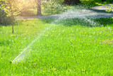 Grass watering system. Green lawn irrigation background.
