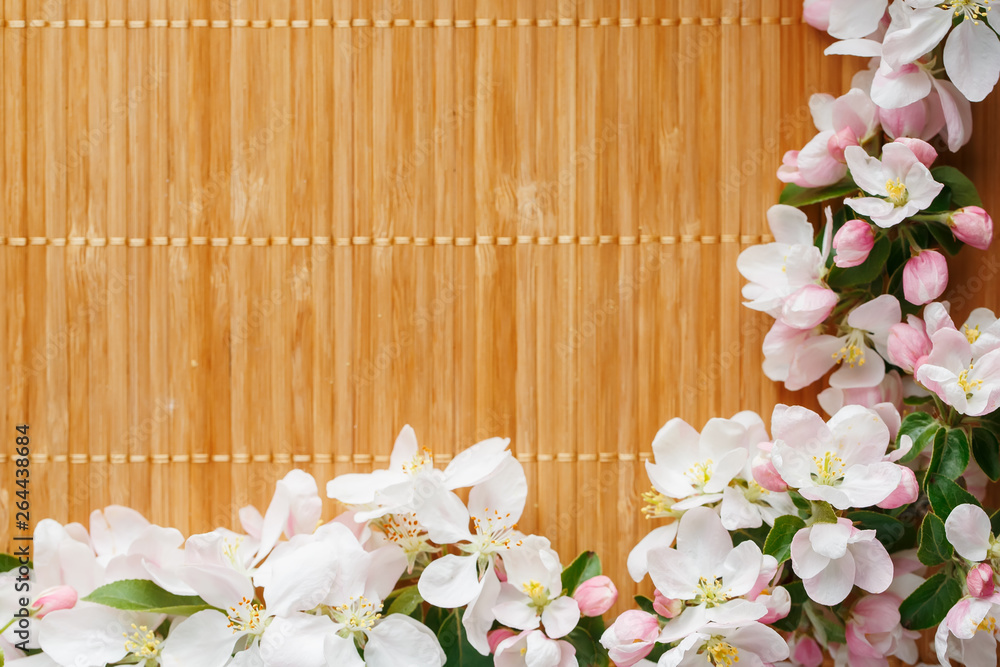 Frame of spring flowers of sakura on bamboo background. Beautiful cherry blossom sakura in springtime Frame of spring flowers of sakura on bamboo background. Beautiful cherry blossom sakura in springtime