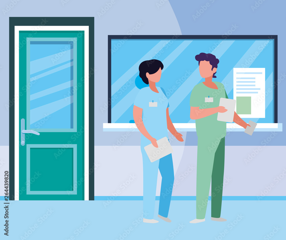 couple medicine workers in hospital reception couple medicine workers in hospital reception