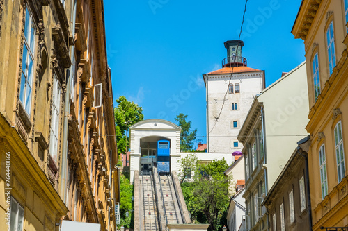 Fototapeta Naklejka Na Ścianę i Meble -  Funicular and medieval Lotrscak tower in Zagreb, Croatia, tourist attractions and popular site