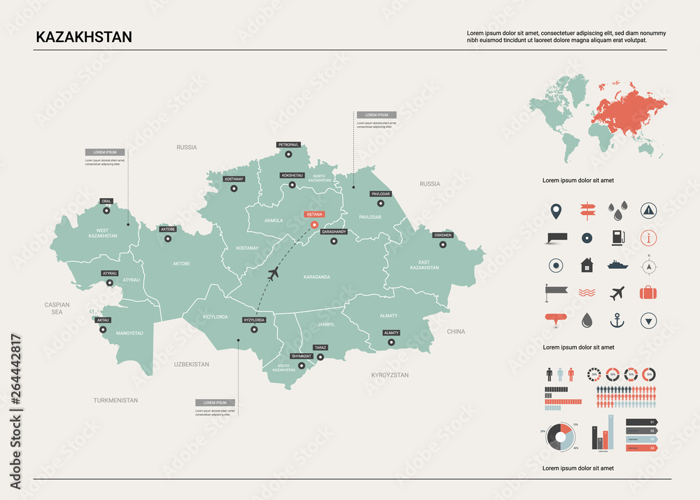 Vector map of Kazakhstan. High detailed country map with division, cities and capital Astana. Political map,  world map, infographic elements.