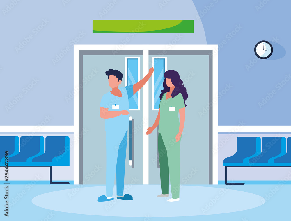 couple medicine workers in elevator door couple medicine workers in elevator door