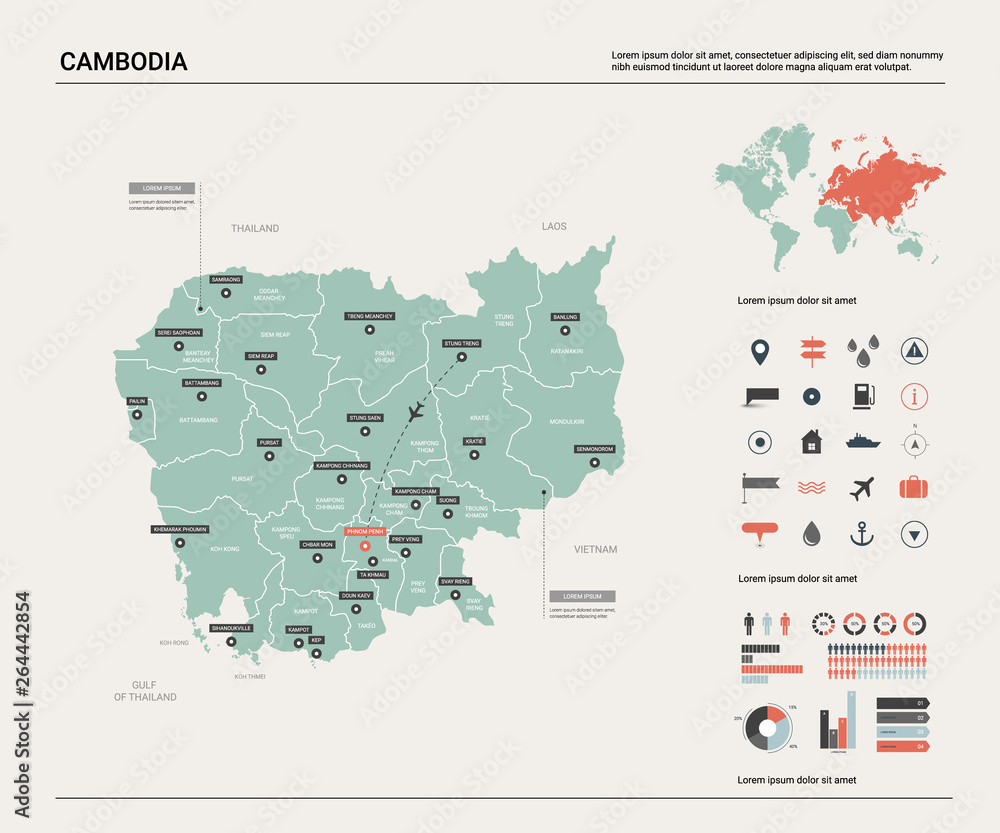 Naklejka premium Vector map of Cambodia. High detailed country map with division, cities and capital Phnom Penh. Political map, world map, infographic elements.