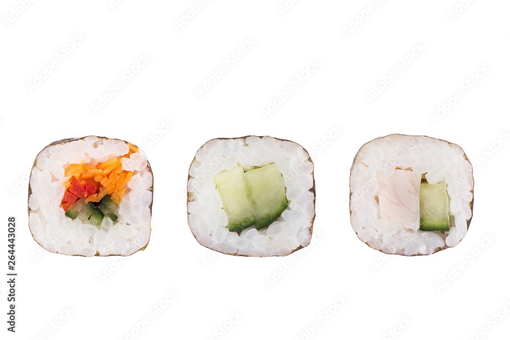 Sushi rolls isolated on white background. Collection. Close-up of delicious japanese food with sushi roll. Sushi rolls isolated on white background. Collection. Close-up of delicious japanese food with sushi roll.
