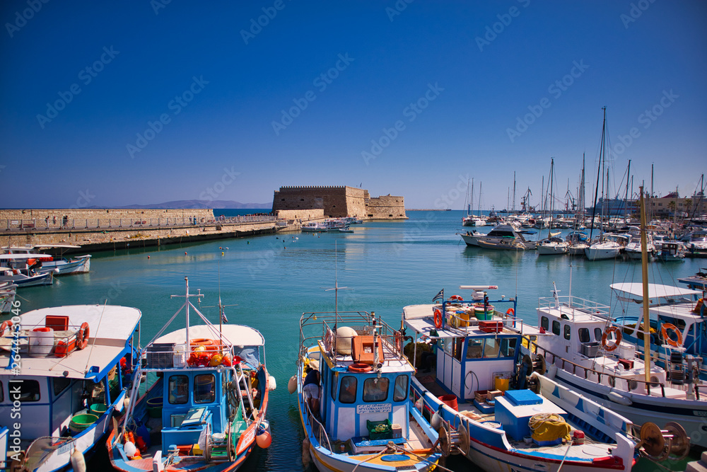 View of the port of Heraklion, with the imposing fortress, also called Koules or castle at the sea.