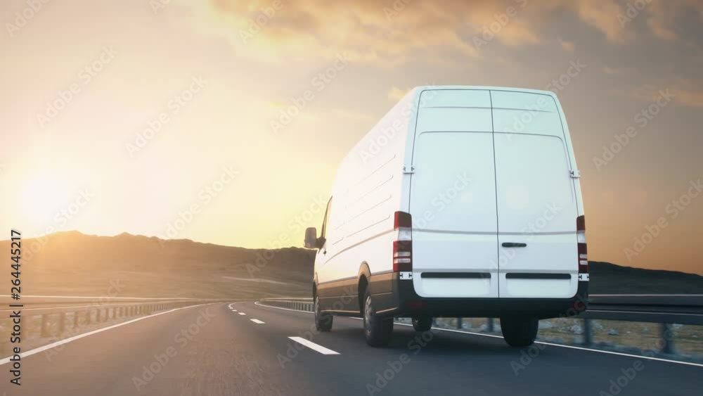 The camera follows a white delivery van driving on a desert highway into the sunset, low angle rear view. Realistic high quality 3d animation. The camera follows a white delivery van driving on a desert highway into the sunset, low angle rear view. Realistic high quality 3d animation.