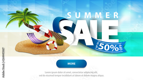 Summer sales, discount web banner template for your website with beautiful seascape, palm tree, hammock and beach umbrella