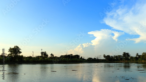 landscape with blue sky and water  fields  forest