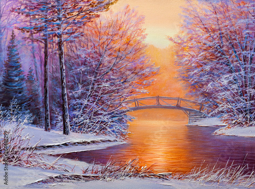 Quadro em tela White bridge over the river, winter landscape