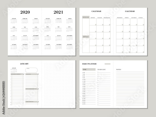 Planner design template for 2020 2021 year. Weekly and monthly planner design with checklist, to do list and dotted paper. Printable vector business planner concept.