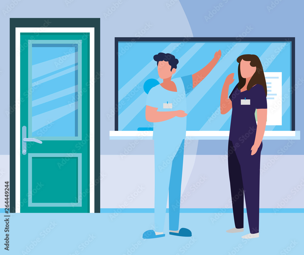 couple medicine workers in hospital reception couple medicine workers in hospital reception