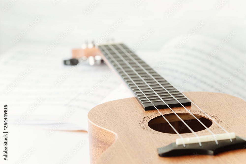 Fototapeta premium Brown ukulele guitar. Soft focus, Pastel colors