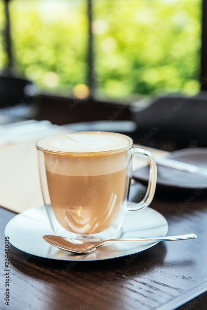 Front view of Hot Cappucino with blur green background. White froth on coffee and milk with copy space. Front view of Hot Cappucino with blur green background. White froth on coffee and milk with copy space.