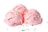 three pink berry scoop of sundae ice cream covered and strewed sprinkles isolated on white background