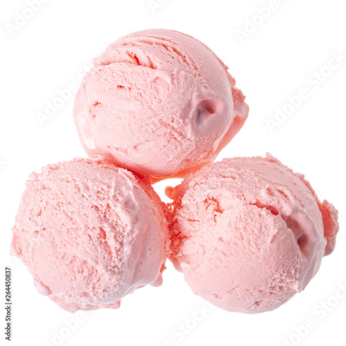 top view of three pink berry scoop of sundae ice cream isolated on white background