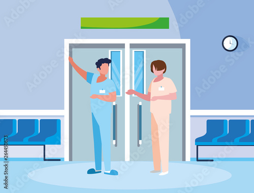 male medicine workers in elevator door