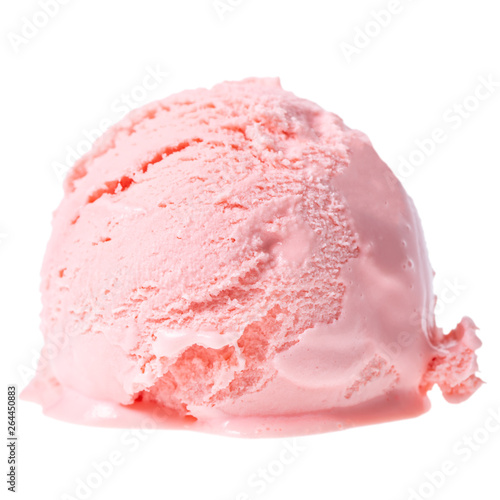 pink strawberry scoop of sundae ice cream isolated on white background, close up