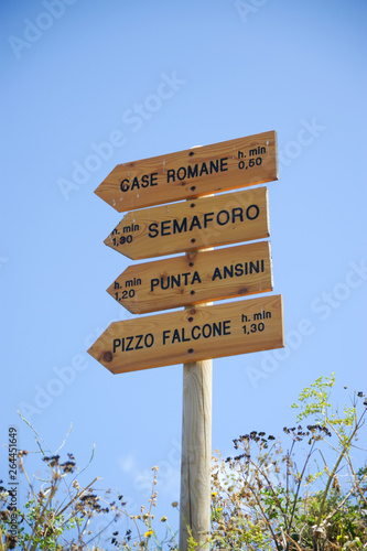 Wooden public footpath signs - Marettimo  Sicily  Italy - Some explanations to Marettimo on the routes to go to Punta Troia or other beautiful places and trails.