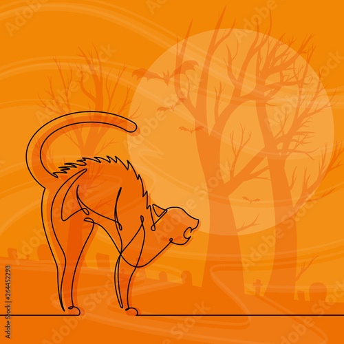 Continuous Line Scared Cat Vector Halloween Cartoon with Haunted Woods Background