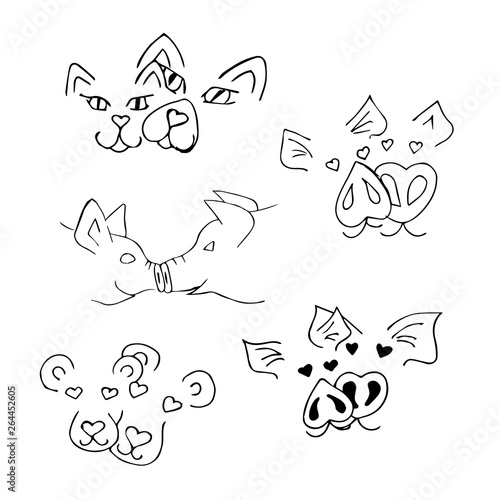 A set with muzzles of animals. Line drawing.