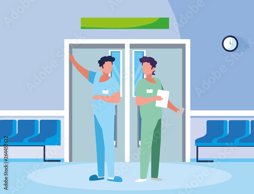 male medicine workers in elevator door