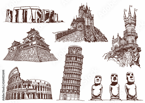 Graphical vintage set of world's sightseeing ,retro background,vector illustration