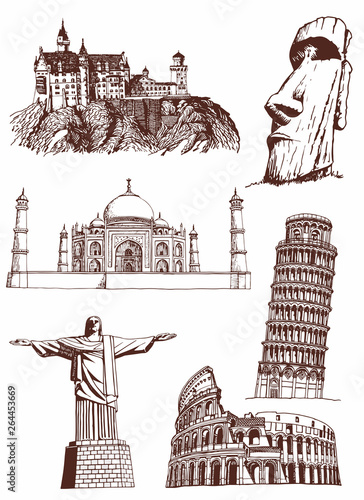 Graphical vintage set of world's sightseeing ,retro background,vector illustration