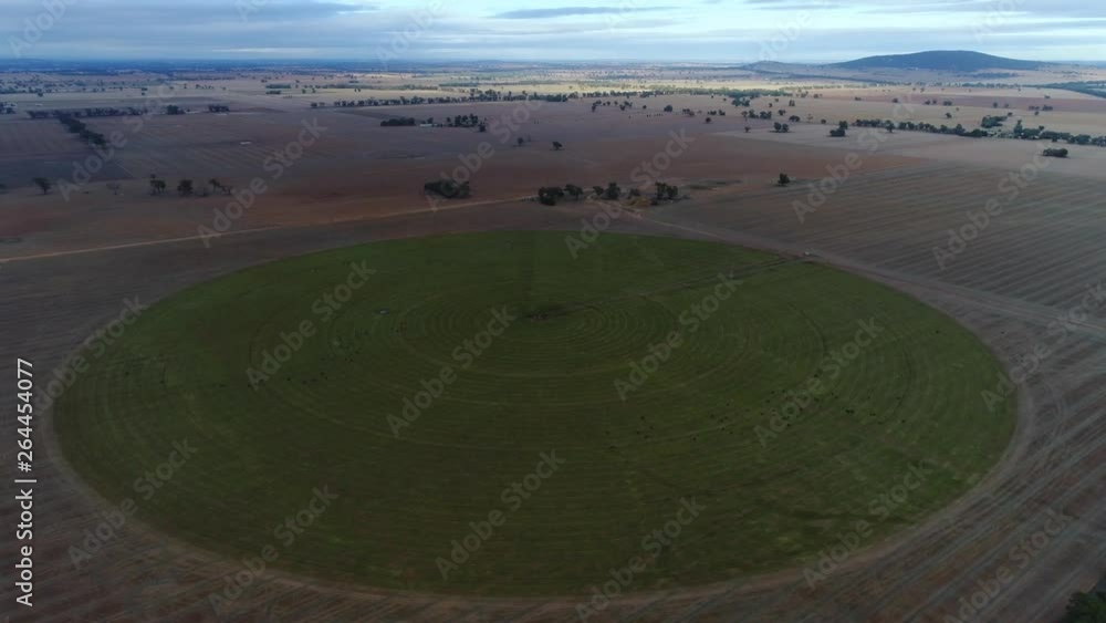 Aerial of large Irrigation Circle on farm land in outback Australia Aerial of large Irrigation Circle on farm land in outback Australia