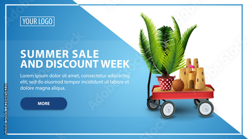 Summer sale and discount week, discount web banner template for your website in a modern style with garden cart with sand, sand castle and potted palm