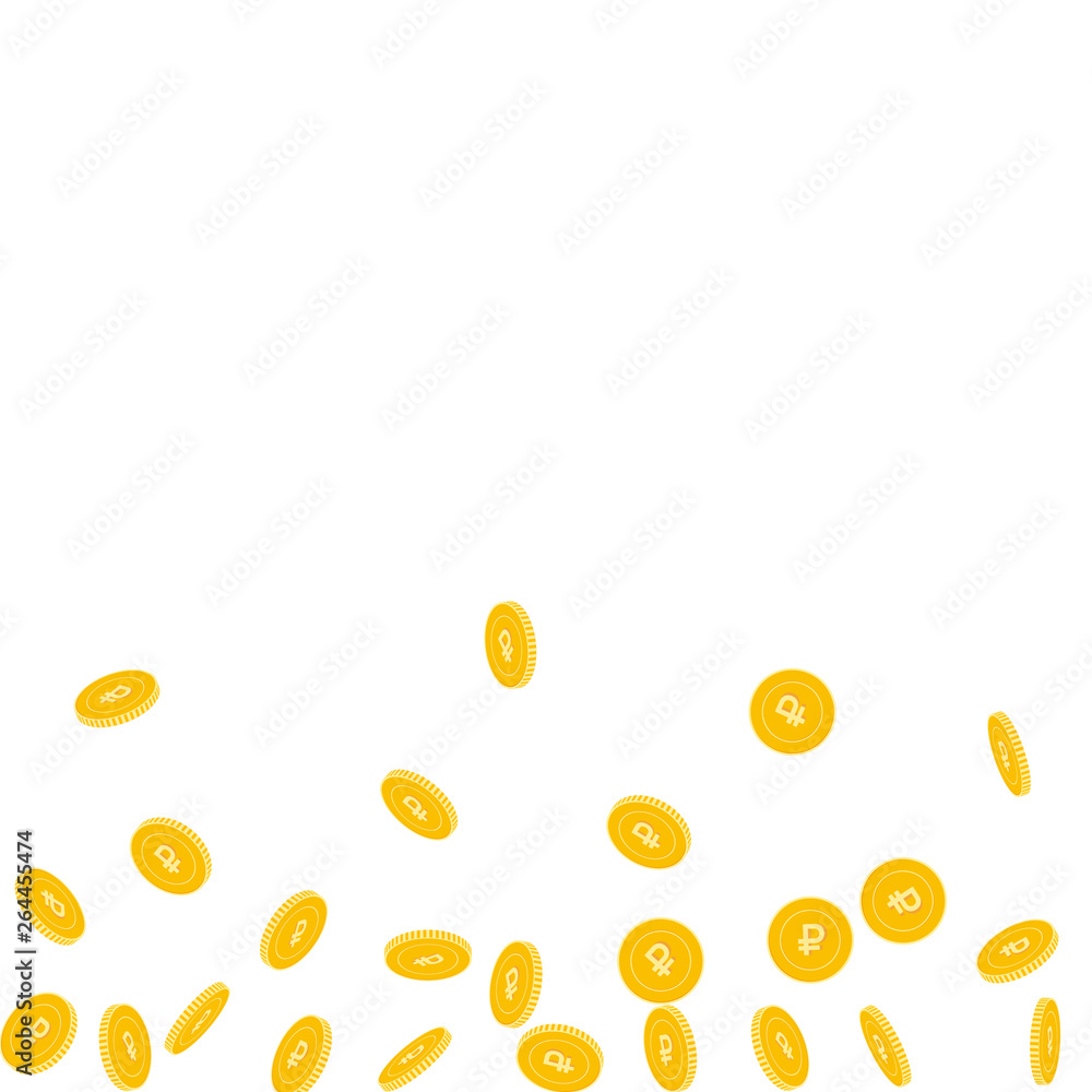 Russian ruble coins falling. Scattered sparse RUB Russian ruble coins falling. Scattered sparse RUB