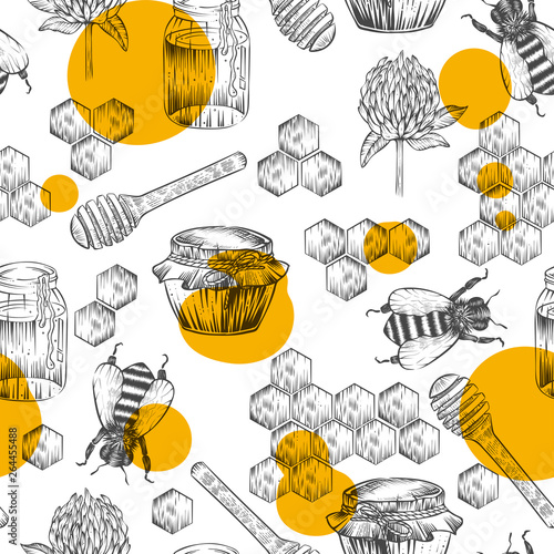 Seamless pattern of honey related stuff, vector, engraving style