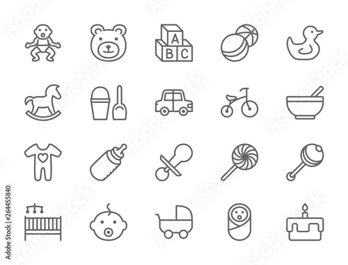 Set of Baby and Childhood Line Icons. Toys, Bicycle, Nipple, Stroller and more.
