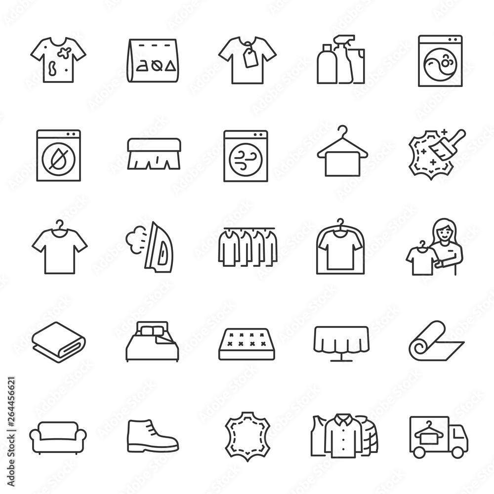 Dry cleaning service, icon set. cleaning process for clothing and textiles, process of cleaning clothes, linear icons. Line with editable stroke Dry cleaning service, icon set. cleaning process for clothing and textiles, process of cleaning clothes, linear icons. Line with editable stroke