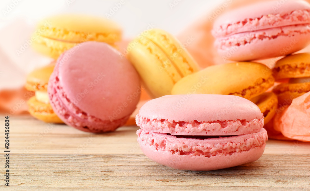 Macarons assorted with fruit filling closed up Macarons assorted with fruit filling closed up