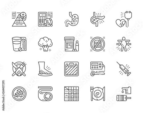 Set of Diabetes Line Icons. Heartburn, Electrocardiogram, Glucometer and more.