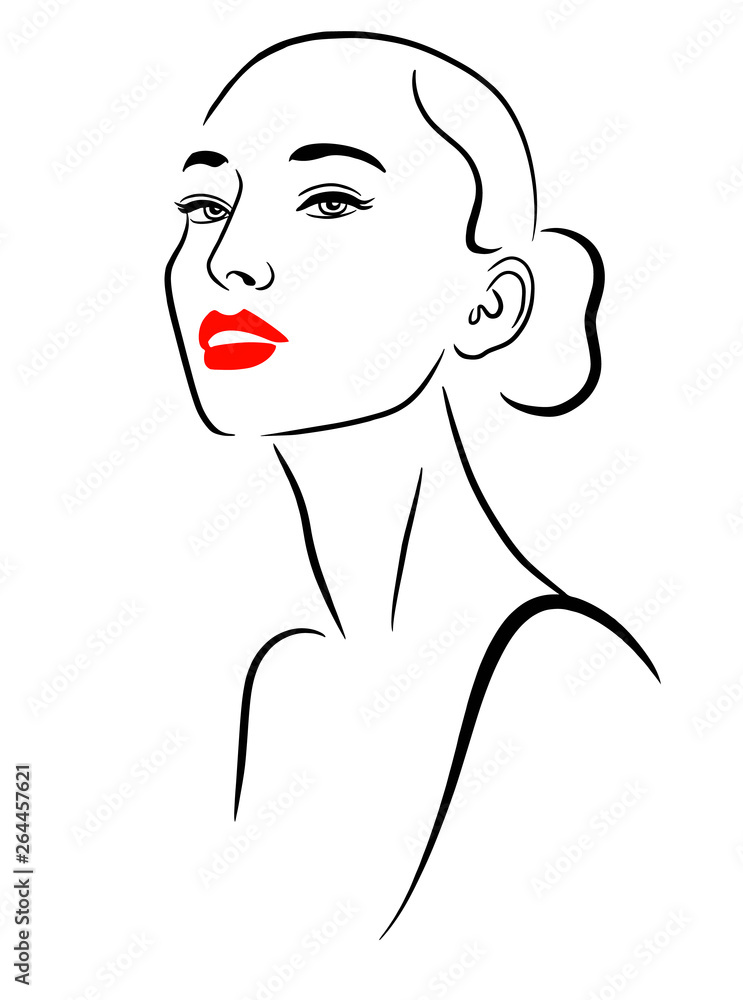 Minimalist beauty portrait of woman with long neck and red lips, fashion illustration Minimalist beauty portrait of woman with long neck and red lips, fashion illustration