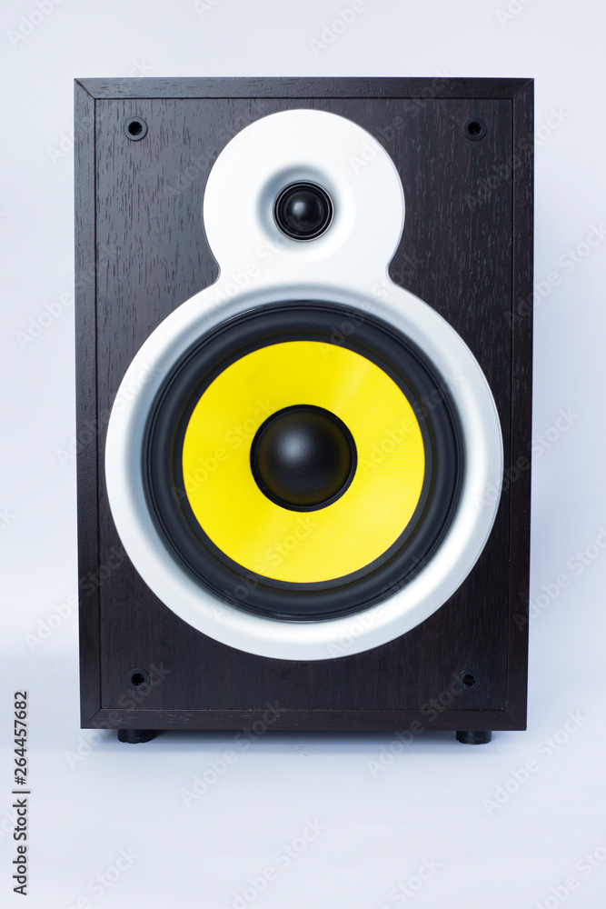 big subwoofer with yellow speaker on white background,loud music big subwoofer with yellow speaker on white background,loud music