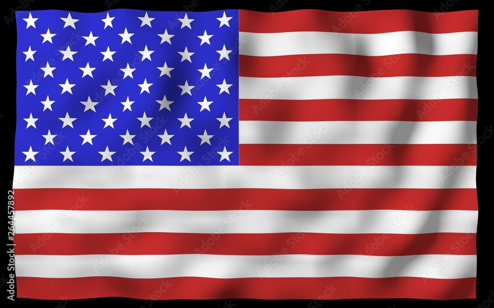 Fototapeta premium Macha flagą Stanów Zjednoczonych Ameryki na ciemnym tle. Gwiazdy i paski. Symbol stanu USA. Ilustracja 3D