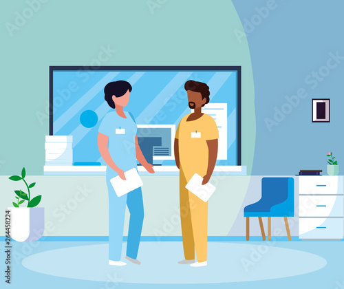 interracial couple medicine workers in reception hospital