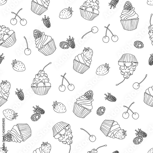 seamless pattern with hand drawn tasty cupcakes and berries vector illustration