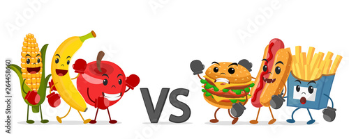 Fruit in Boxing gloves against fast food on a white. Healthy diet.