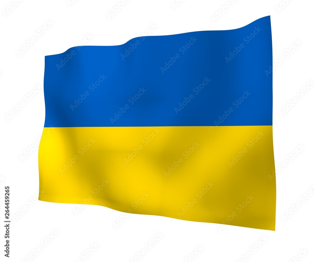 The flag of Ukraine on a white background. National flag and state ensign. Blue and yellow bicolour. 3D illustration waving flag The flag of Ukraine on a white background. National flag and state ensign. Blue and yellow bicolour. 3D illustration waving flag