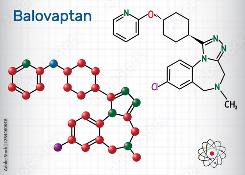 Balovaptan molecule. Is drug for the treatment of autism. Structural chemical formula and molecule model. Sheet of paper in a cage