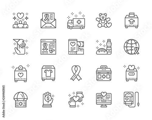 Set of Charity and Donation Line Icons. Volunteering, First Aid Kit and more.