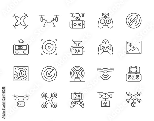 Set of Drone Line Icons. Remote Controller, Propeller, Action Camera and more.