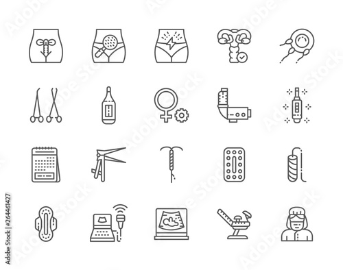Set of Gynecology Line Icons. Thermometer, Pregnancy Test, Tampon and more