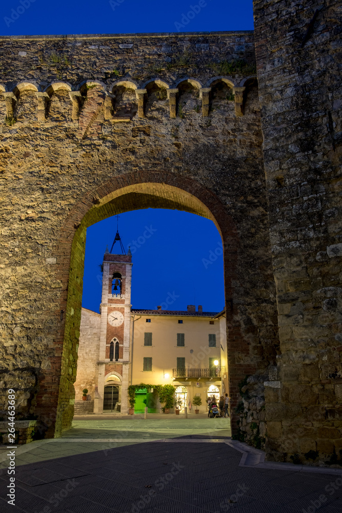 San Quirico dOrcia nightscape. Siena Province, Tuscany, Italy.