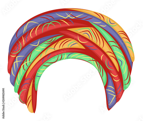 Female headpiece for woman, turban. A bright knitted bright scarf. National beautiful and stylish clothes. Vector illustration
