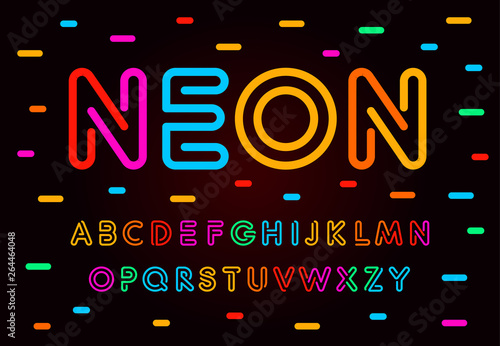 Neon letters, numbers and symbols set. Colored tube, colorul contour modern style abc, lines latin alphabet. Fonts for events, promotions, logos, banner and monogram. Vector Typography design.